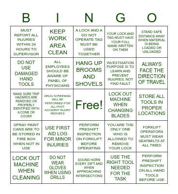 UFP PACKAGING SAFETY WEEK 2023 Bingo Card