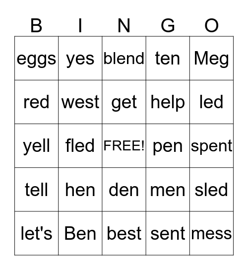 Short e Bingo Card