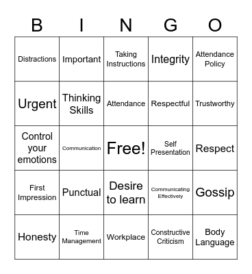 Weeks One Through Three Bingo Card