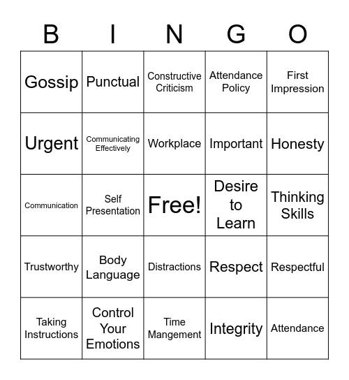 Review Time Bingo Card