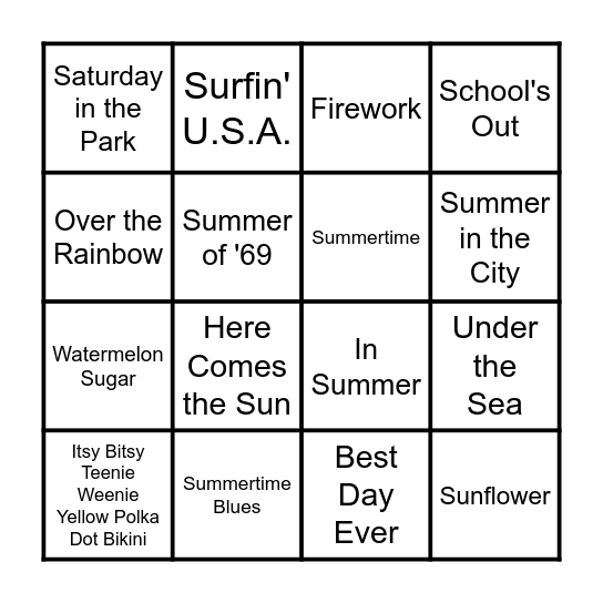 Summer Music Bingo Card