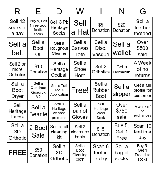Red Wing Bingo Card