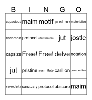 Vocabulary review Bingo Card