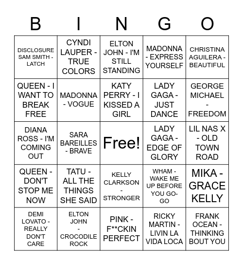 LGBTQ+ MUSIC BINGO Card