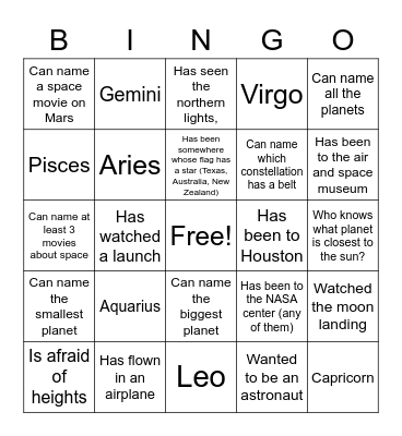 Space Trivia Bingo Card