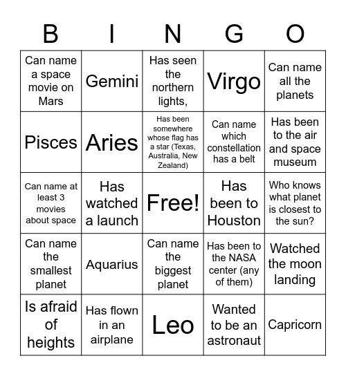 Space Trivia Bingo Card