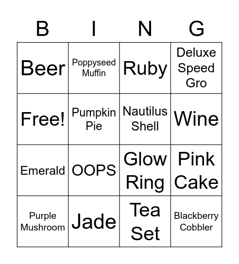 Tea Set Bingo Card