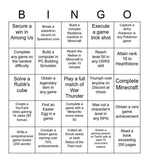 "Greyheb10's $40 Bingo Challenge - Must Provide Screenshots or Proof Upon Request" Bingo Card