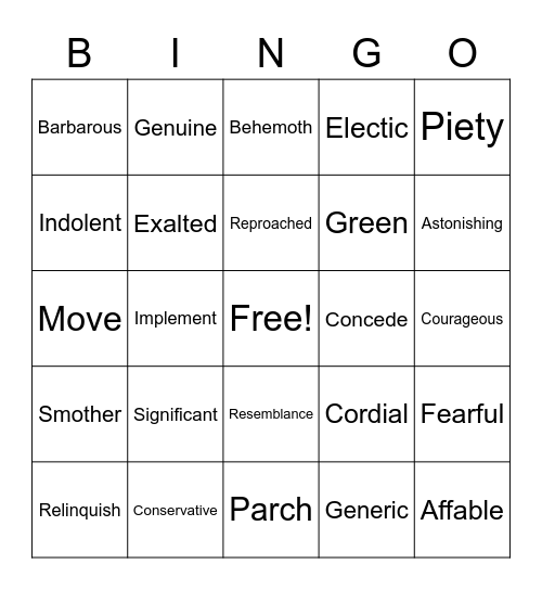 Vocabulary Bingo Activity Bingo Card