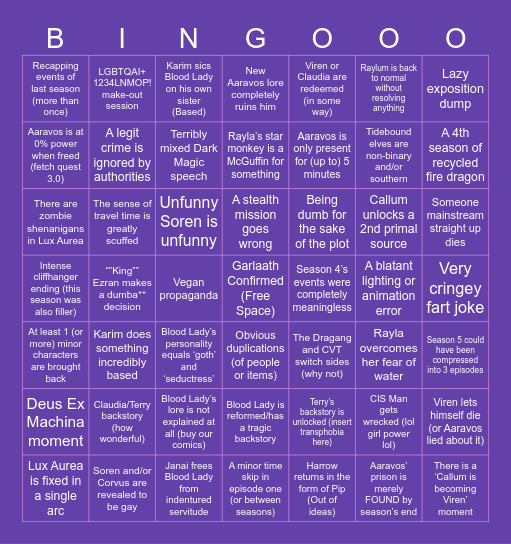 The Dragon Prince S5 Predictions Bingo Card