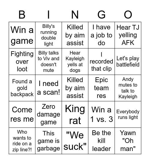 Cousin Game Night Bingo Card