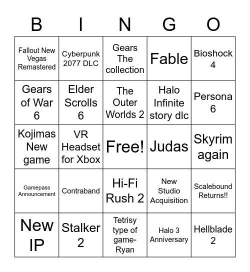 Xbox Games Showcase Bingo Card