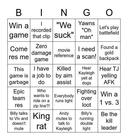 Cousin Game Night Bingo Card