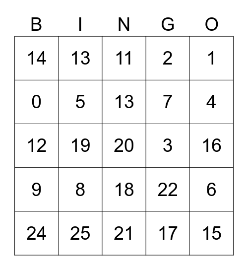 Number Bingo Card