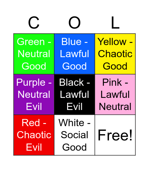 Alignment Colours Bingo Card