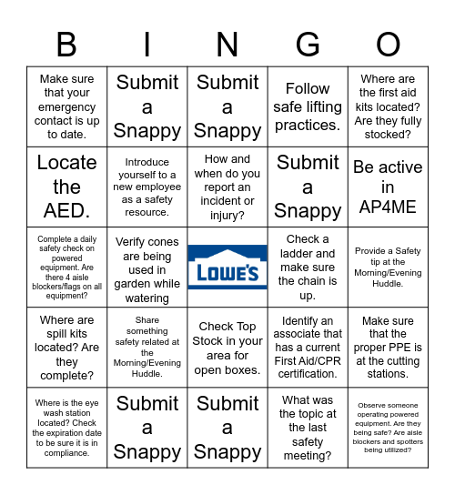 Lowe's Safety Bingo Card