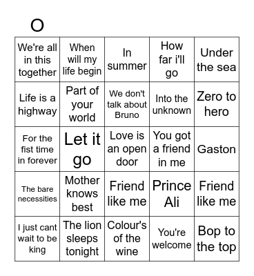Disney Musical Bingo Card