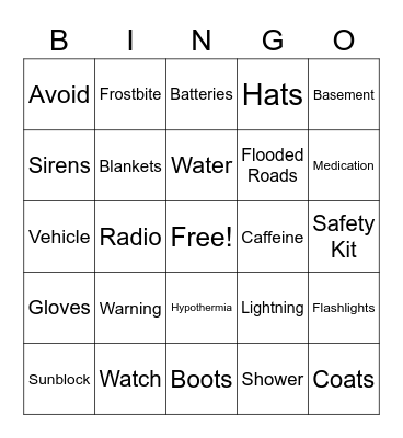 Sun and Weather Safety Bingo Card