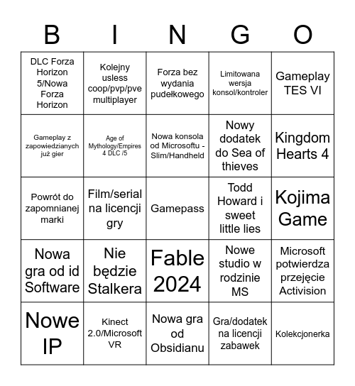 Xbox Game Showcase Bingo Card