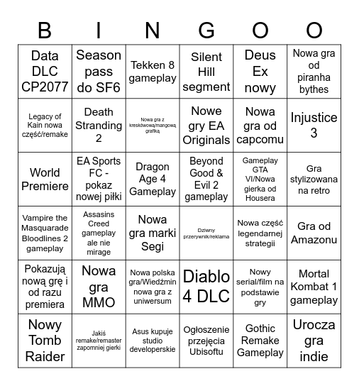 Summer Game Festival Bingo Card