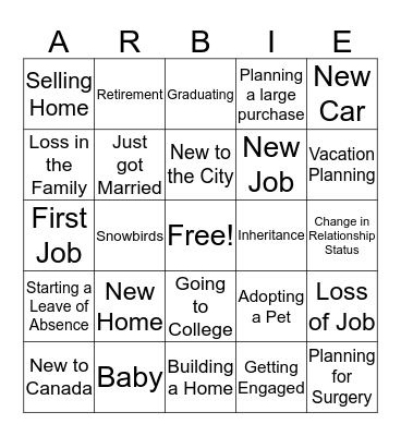 Arbie's Life Event Bingo Card