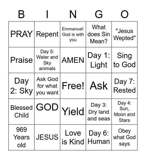 June 4th Sunday School Bingo Card