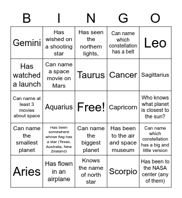 Space Trivia Bingo Card