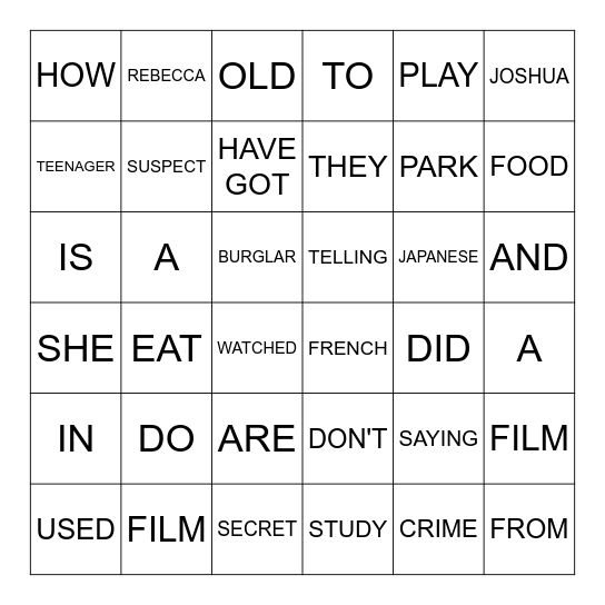 Second English Bingo Card