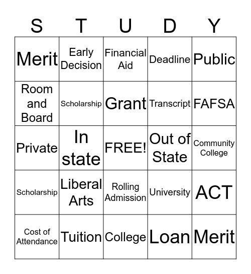 College Process Vocabulary Bingo Card