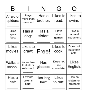 Get To Know Your Classmates Bingo Card