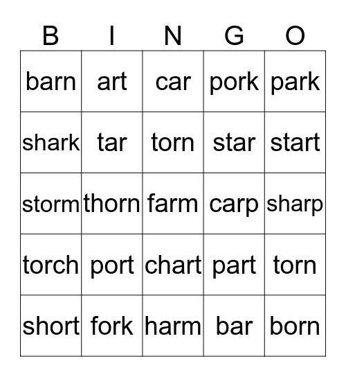 r-Controlled Vowels Bingo Card