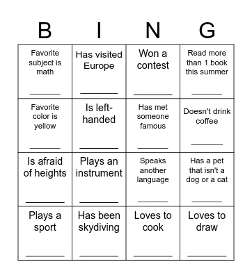 Human Scavenger Hunt Bingo Card