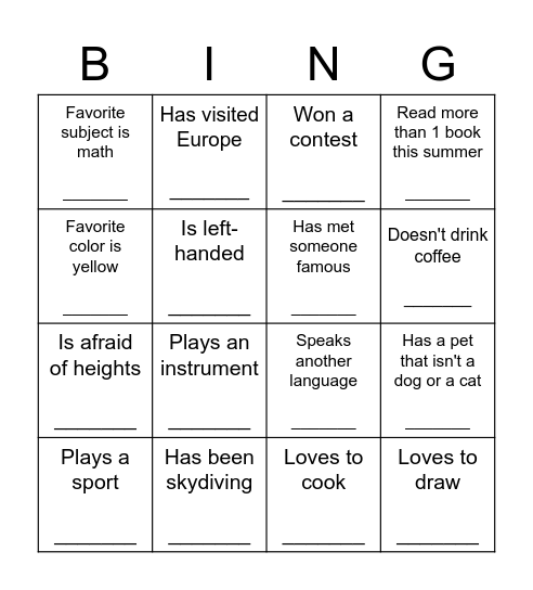 Human Scavenger Hunt Bingo Card