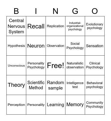 Intro to Psychology Bingo! Bingo Card