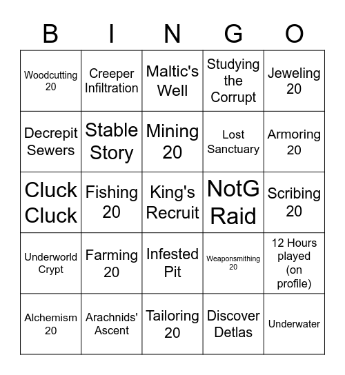 Wynncraft Low Level Bingo Card