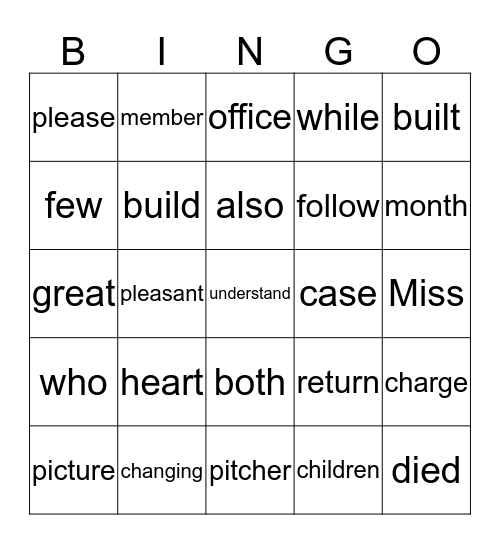 Spelling Lesson 27 Bingo Card