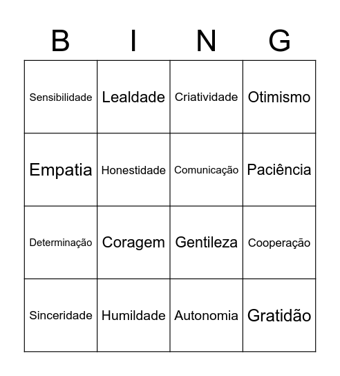 Bingo de qualidades Bingo Card