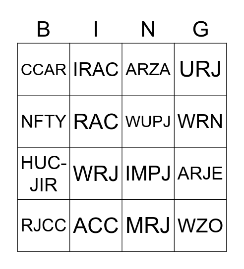 Jewish Organizations Bingo Card