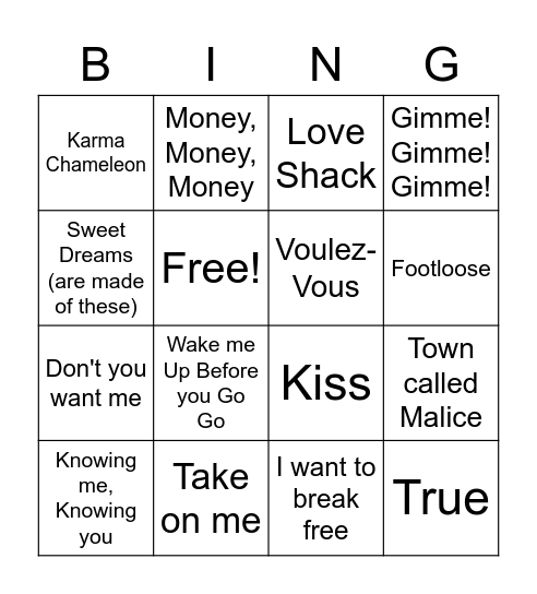 80's Hits Bingo Beats! Bingo Card