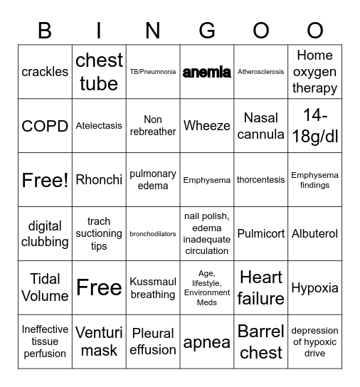 Chapter 39 Oxygenation Bingo Card