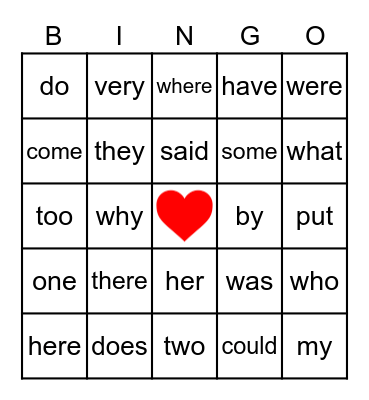 Heart Word BINGO Card