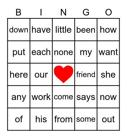 Heart Word BINGO Card