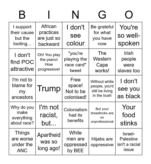 Racist Bingo Card
