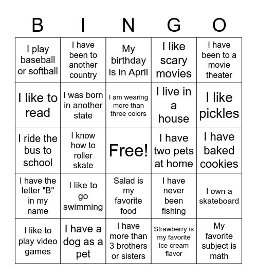 Find a Friend Bingo Card