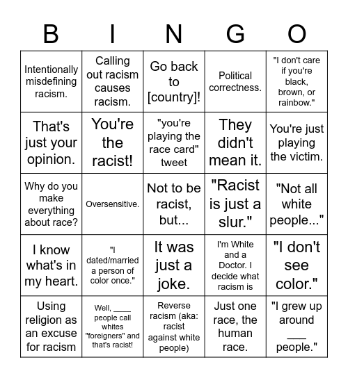 Racism bingo A Bingo Card