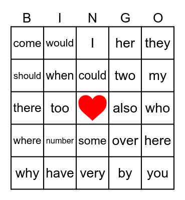 Heart Word BINGO Card