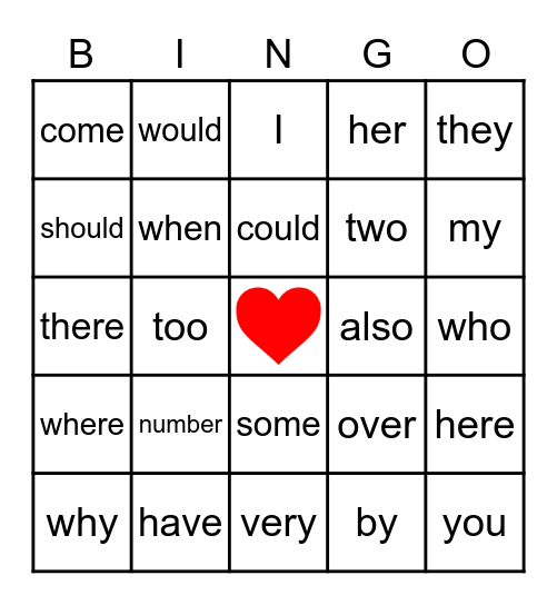 Heart Word BINGO Card