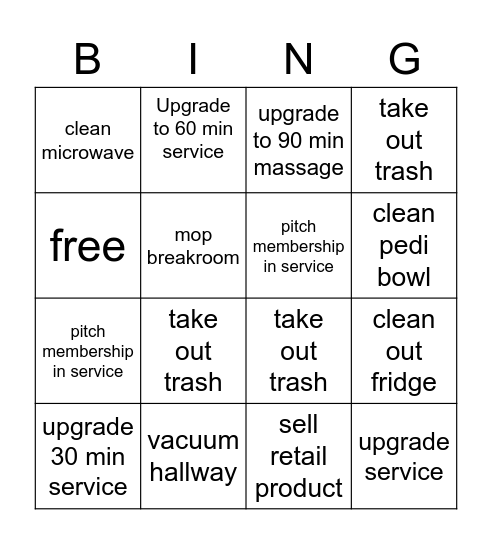 Massage Bingo Card