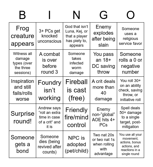 Starn Campaign II Finale Bingo Card