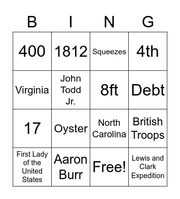 Dolley Madison Bingo Card